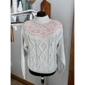 Vintage Hand Knitted Sweater Womens Medium Pink Fair Isle Cable Knit chunky